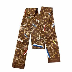 Louis Vuitton Twilly Scarf Brown Monogram Trunk & Bag Print Bandeau – Authentic